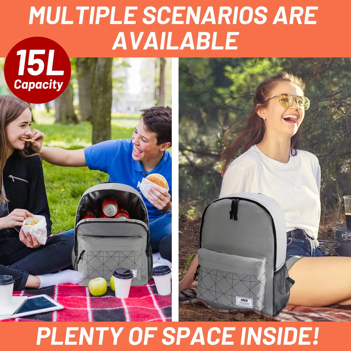 MIER Insulated Backpack Cooler Small Lunch Bookbag for Women Men, Grey | 15L Capacity, Leakproof & Lightweight - view 7