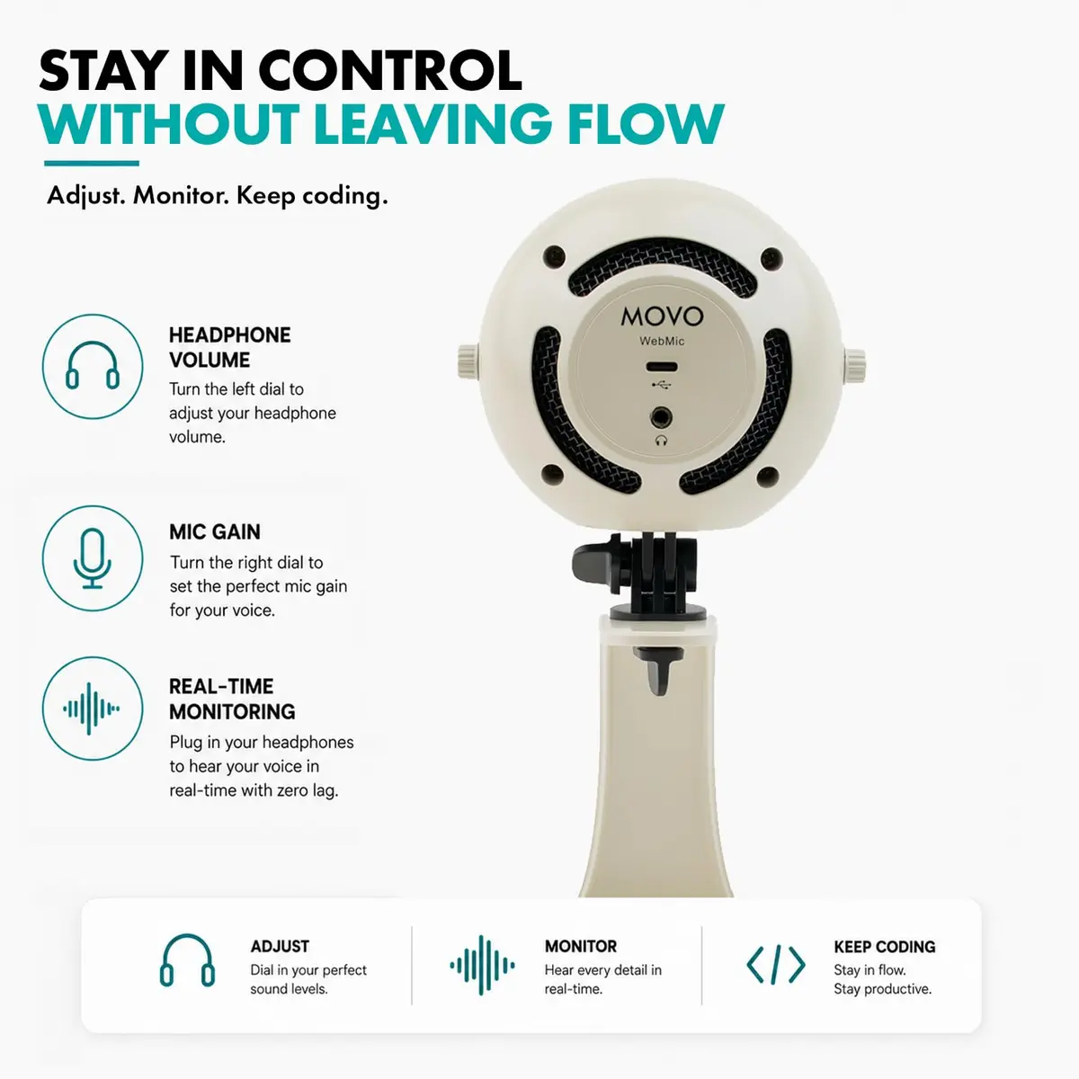 Movo WebMic USB Dictation Microphone in White – Cardioid for Vibe Coding | Clear Voice Capture for Accurate Speech - view 6