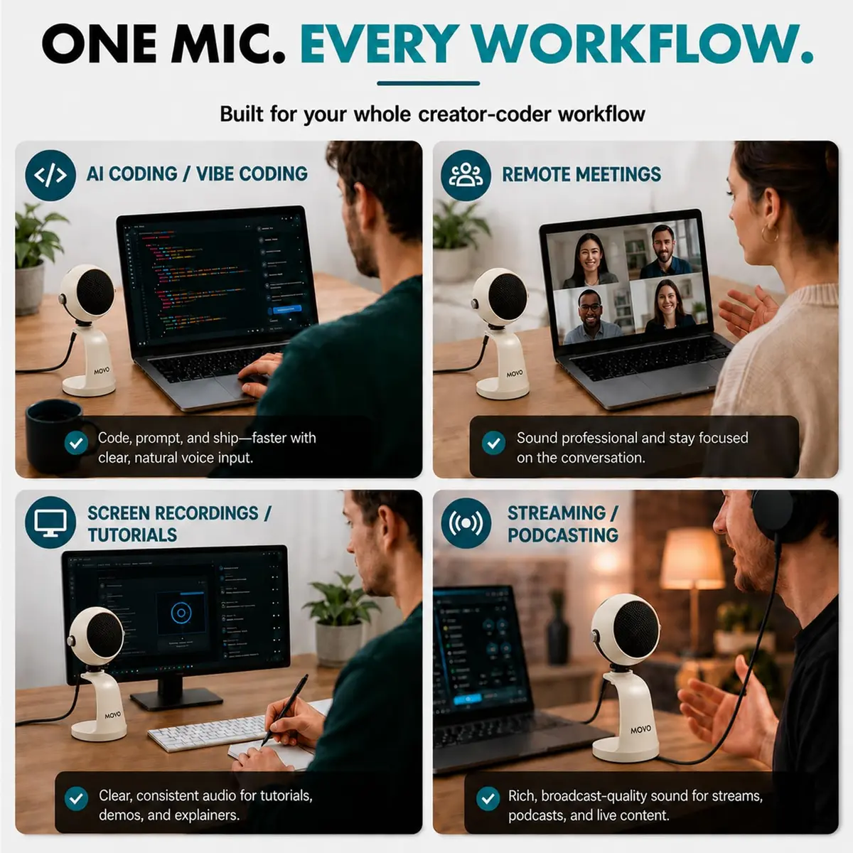 Movo WebMic USB Dictation Microphone in White – Cardioid for Vibe Coding | Clear Voice Capture for Accurate Speech - view 7