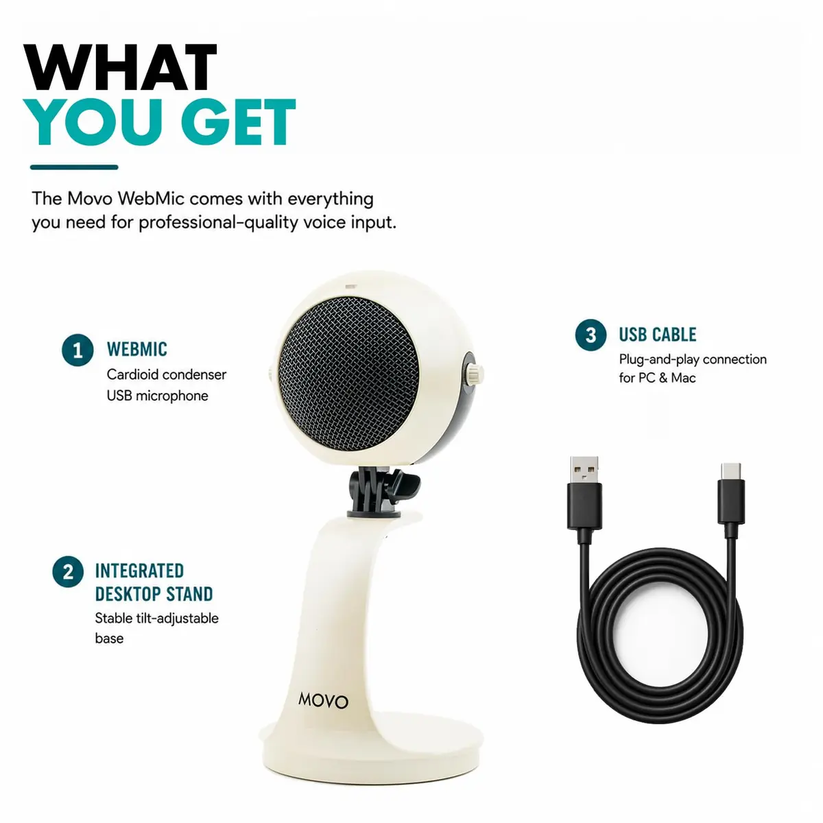 Movo WebMic USB Dictation Microphone in White – Cardioid for Vibe Coding | Clear Voice Capture for Accurate Speech - view 9