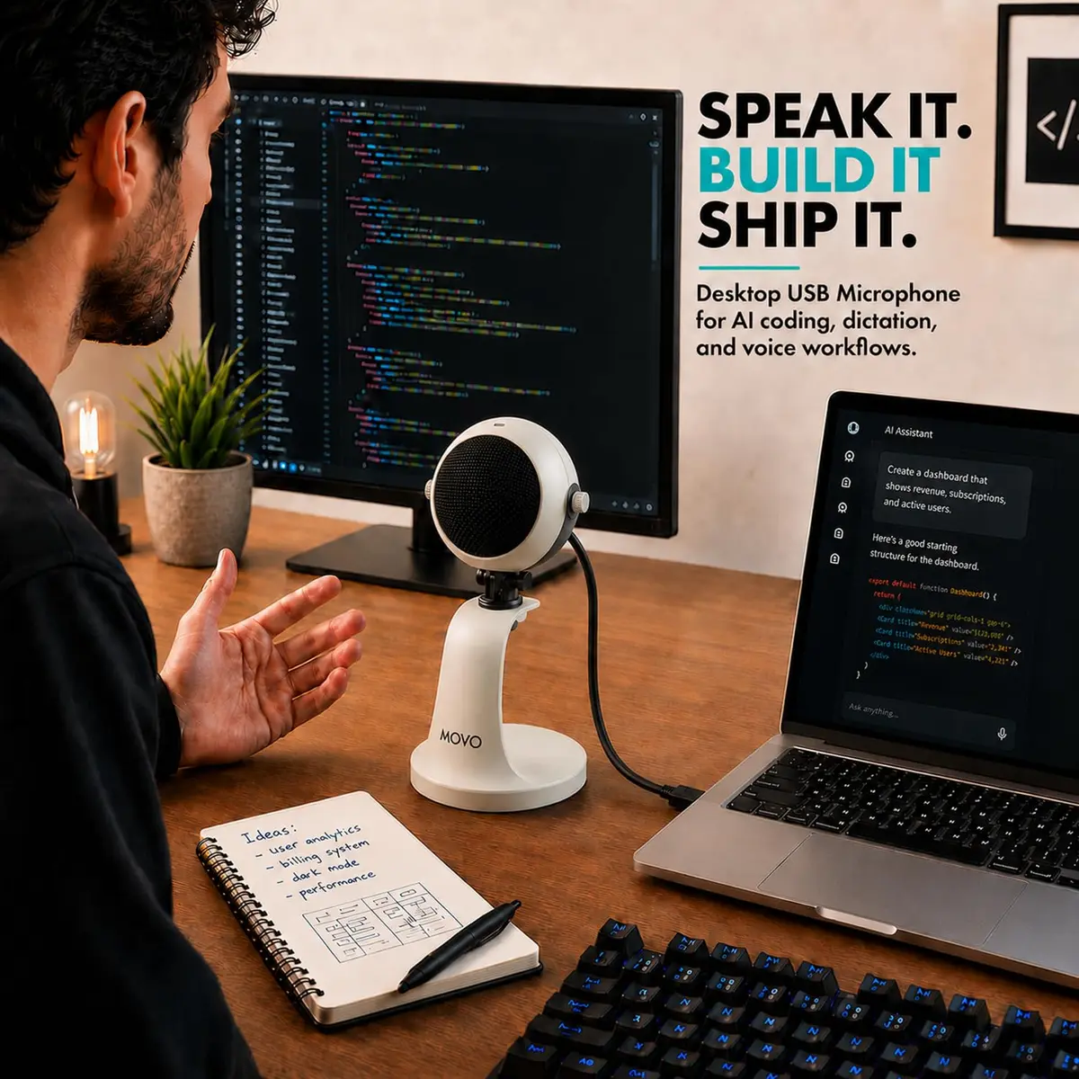 Movo WebMic USB Dictation Microphone in White – Cardioid for Vibe Coding | Clear Voice Capture for Accurate Speech - view 2