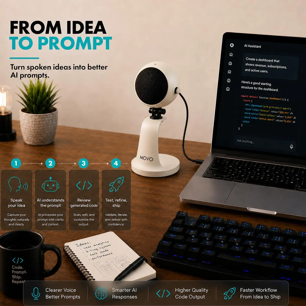 Movo WebMic USB Dictation Microphone in White – Cardioid for Vibe Coding | Clear Voice Capture for Accurate Speech - view 4