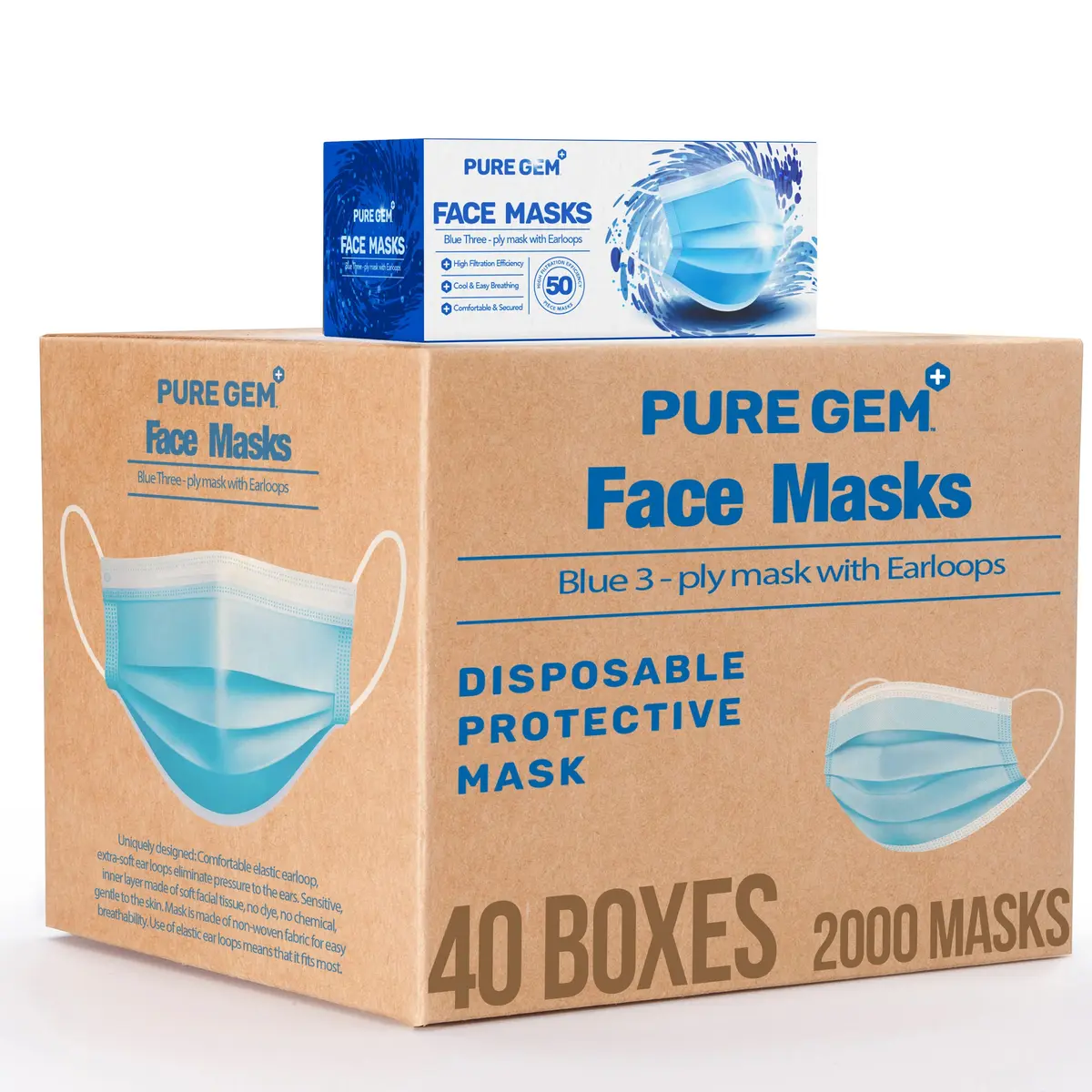 PURE GEM 3-Ply Disposable Face Masks | Soft on Skin, Pack of 2000 Blue Masks with Elastic Earloops (2000 Masks) - main product image