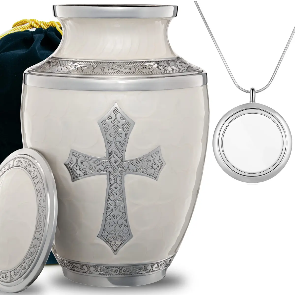 Olivia Memorials White Urn for Ashes 10x7 in | Religious Cross Handcrafted Elegance - main product image