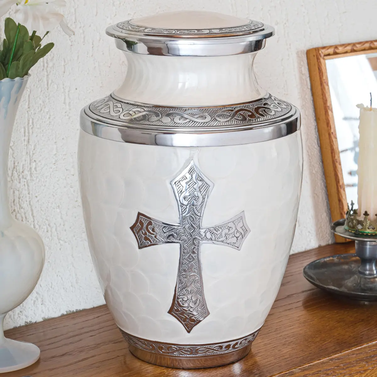 Olivia Memorials White Urn for Ashes 10x7 in | Religious Cross Handcrafted Elegance - view 2