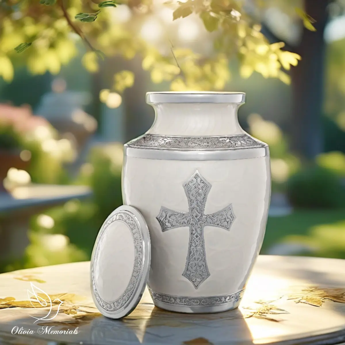 Olivia Memorials White Urn for Ashes 10x7 in | Religious Cross Handcrafted Elegance - view 3