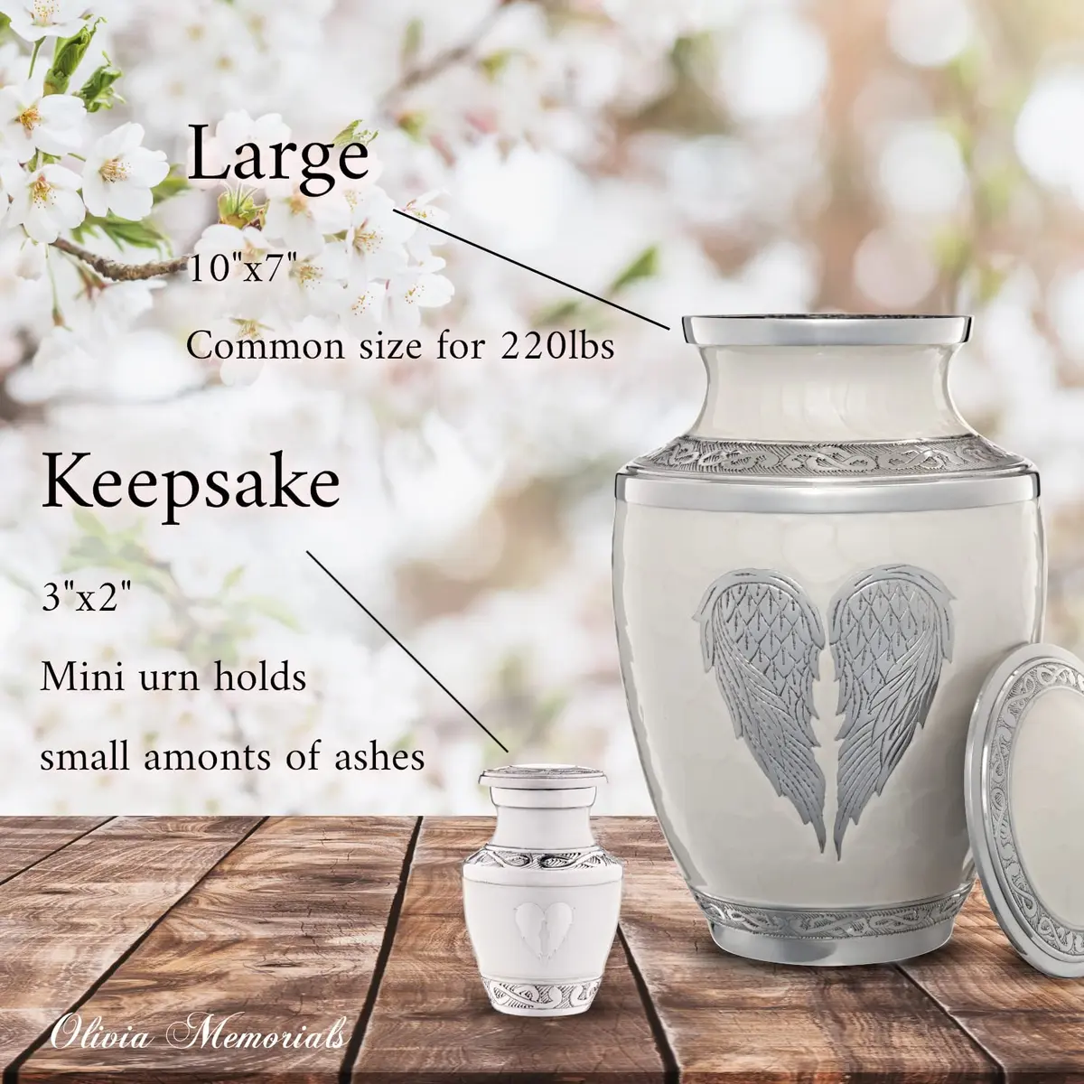 Olivia Memorials White Urn for Ashes 10x7 inches | Elegant Heart Design with Angel Wings, 220 cu in, Metal - view 2