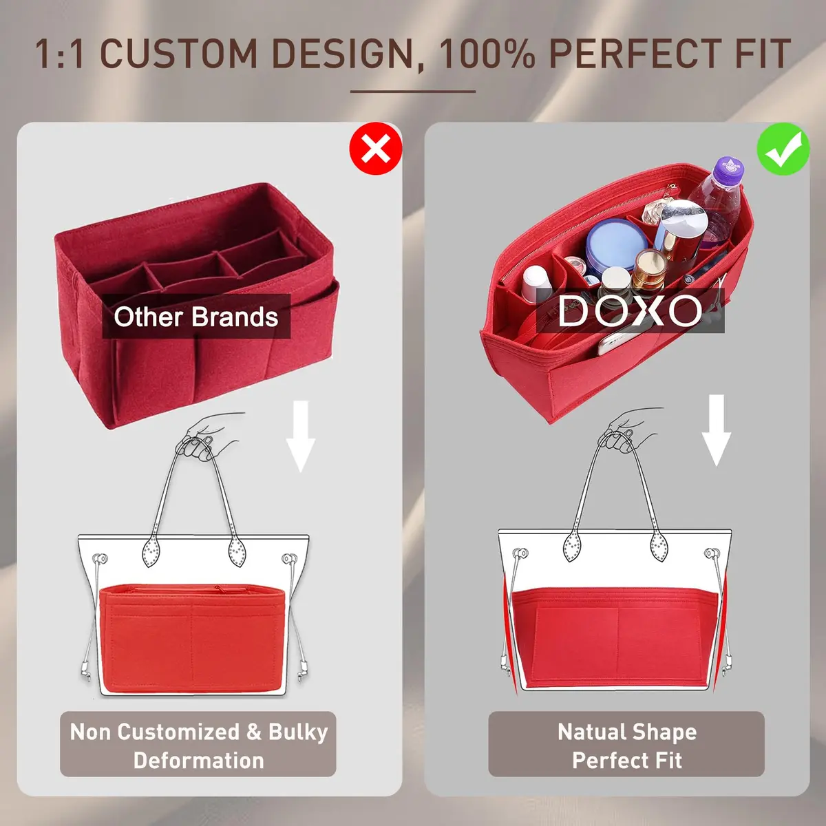 Doxo Purse Organizer Insert for Handbags & Base Shaper 2pc Set, Felt Neverfull GM Organizer Insert, Tote Bag Organizer with Zipper Pocket and Bottle Holder, Fit Neverfull GM and More, Red-XL - view 5