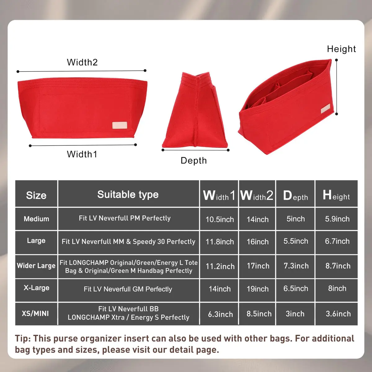 Doxo Purse Organizer Insert for Handbags & Base Shaper 2pc Set, Felt Neverfull GM Organizer Insert, Tote Bag Organizer with Zipper Pocket and Bottle Holder, Fit Neverfull GM and More, Red-XL - view 2