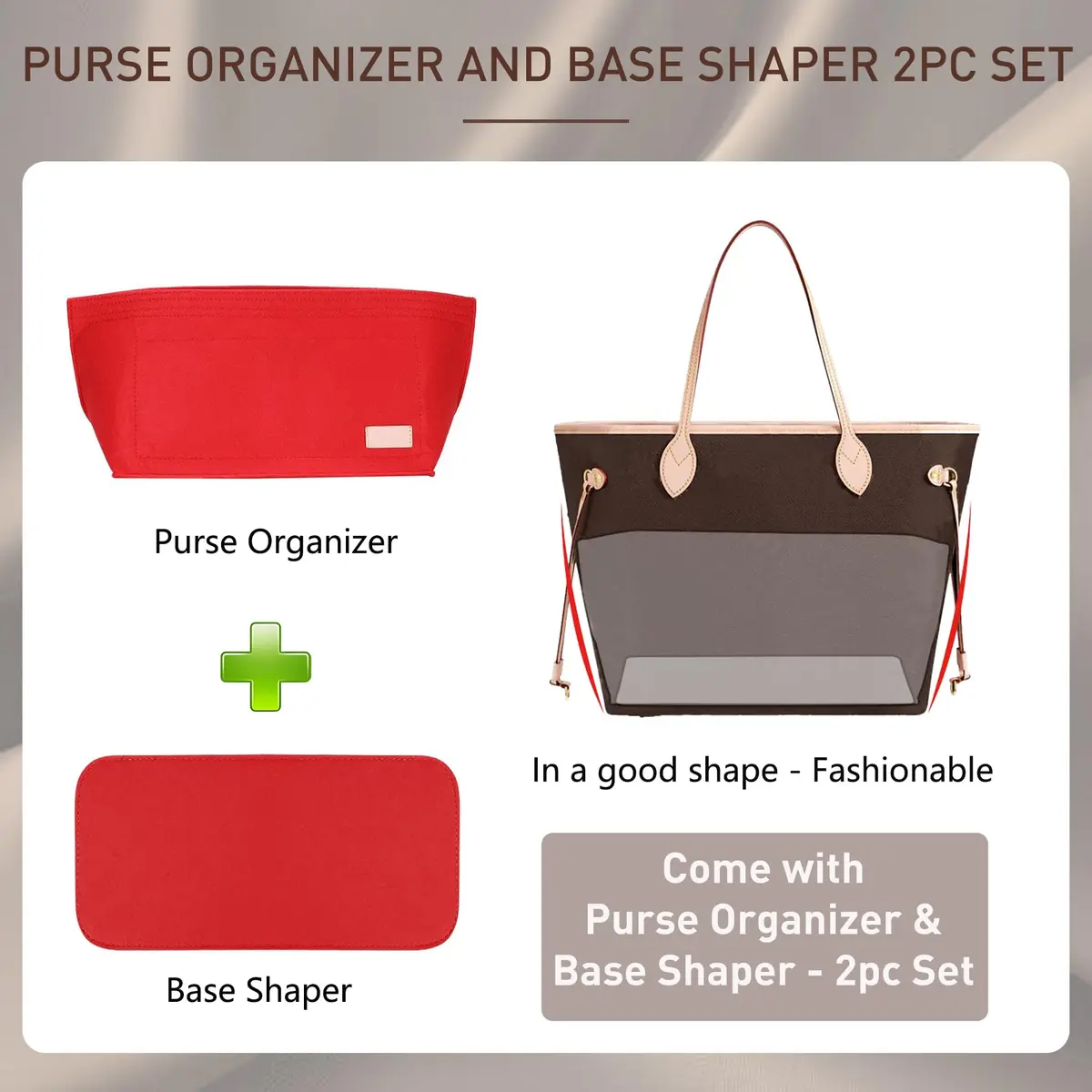 Doxo Purse Organizer Insert for Handbags & Base Shaper 2pc Set, Felt Neverfull GM Organizer Insert, Tote Bag Organizer with Zipper Pocket and Bottle Holder, Fit Neverfull GM and More, Red-XL - view 3