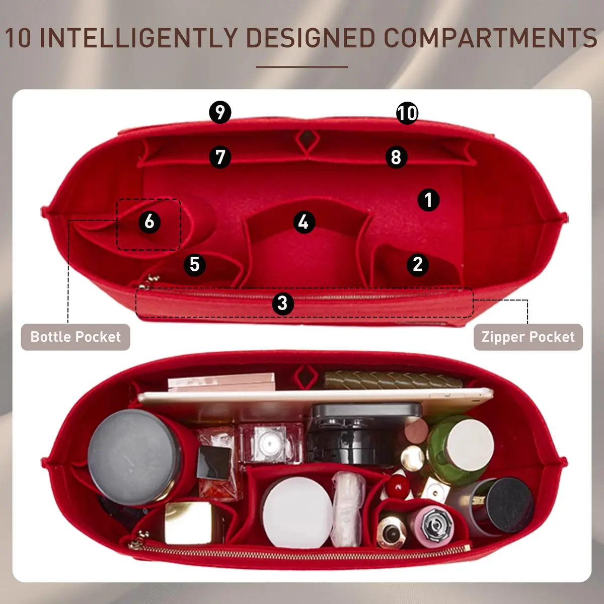 Doxo Purse Organizer Insert for Handbags & Base Shaper 2pc Set, Felt Neverfull GM Organizer Insert, Tote Bag Organizer with Zipper Pocket and Bottle Holder, Fit Neverfull GM and More, Red-XL - view 4