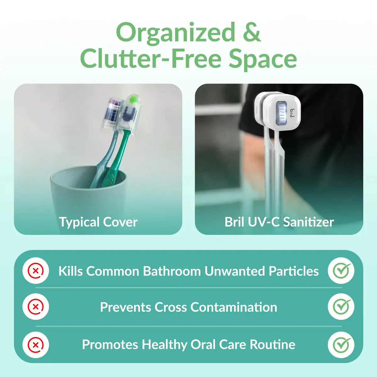 Bril UV-C Toothbrush Sanitizer and Holder – Wall Mount, Rechargeable, 30-Day Battery, Auto-Shutoff, Fits Electric & Manual Brushes, White - view 6