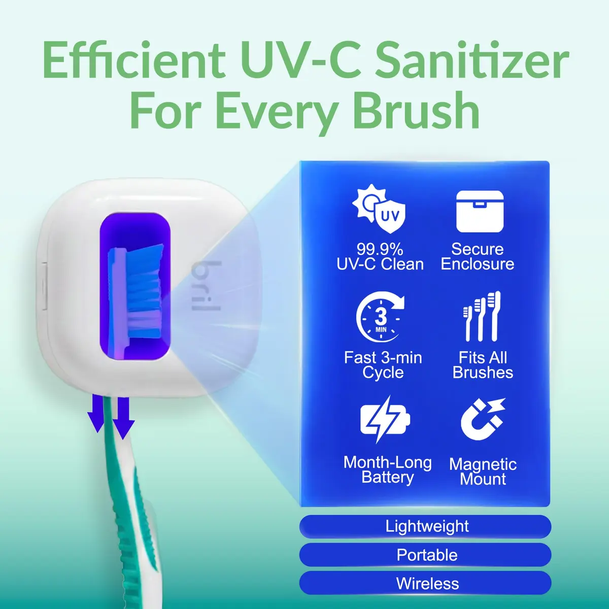 Bril UV-C Toothbrush Sanitizer and Holder – Wall Mount, Rechargeable, 30-Day Battery, Auto-Shutoff, Fits Electric & Manual Brushes, White - view 2