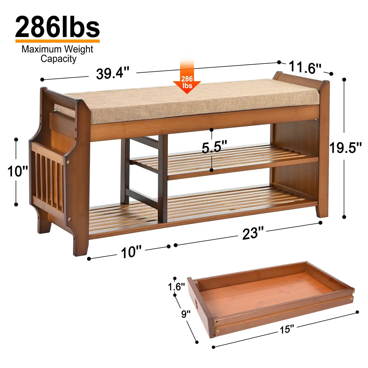 PETKABOO Shoe Bench with Hidden Drawer and Side Holder | 2 Tier Entryway Storage 39.4 in | Bamboo & Wood - view 4