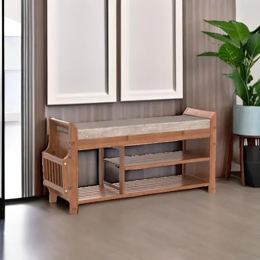 PETKABOO Shoe Bench with Hidden Drawer and Side Holder | 2 Tier Entryway Storage 39.4 in | Bamboo & Wood - view 6