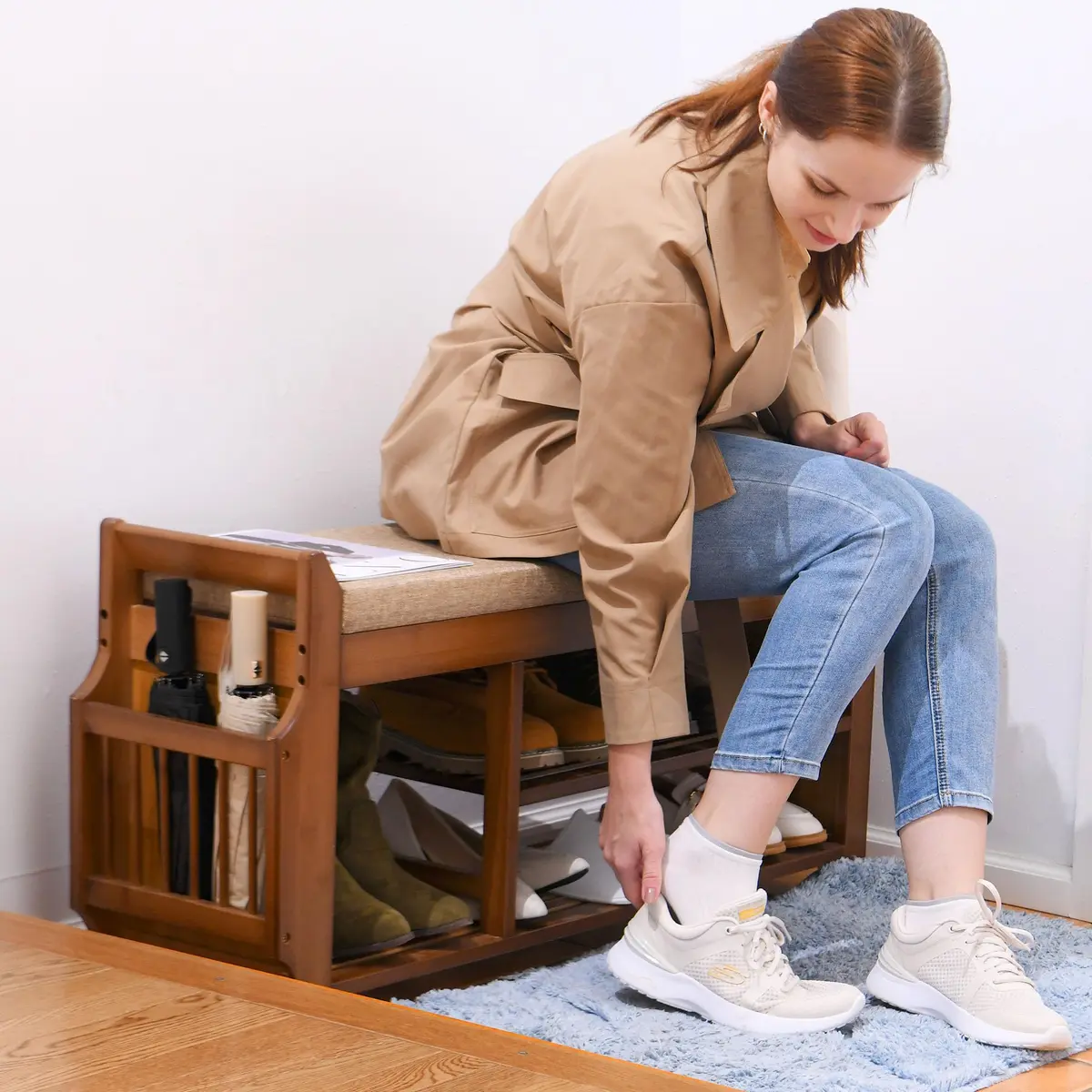PETKABOO Shoe Bench with Hidden Drawer and Side Holder | 2 Tier Entryway Storage 39.4 in | Bamboo & Wood - view 7