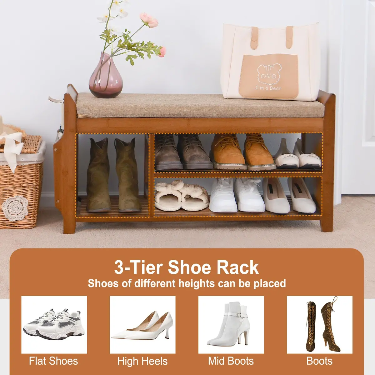 PETKABOO Shoe Bench with Hidden Drawer and Side Holder | 2 Tier Entryway Storage 39.4 in | Bamboo & Wood - view 9