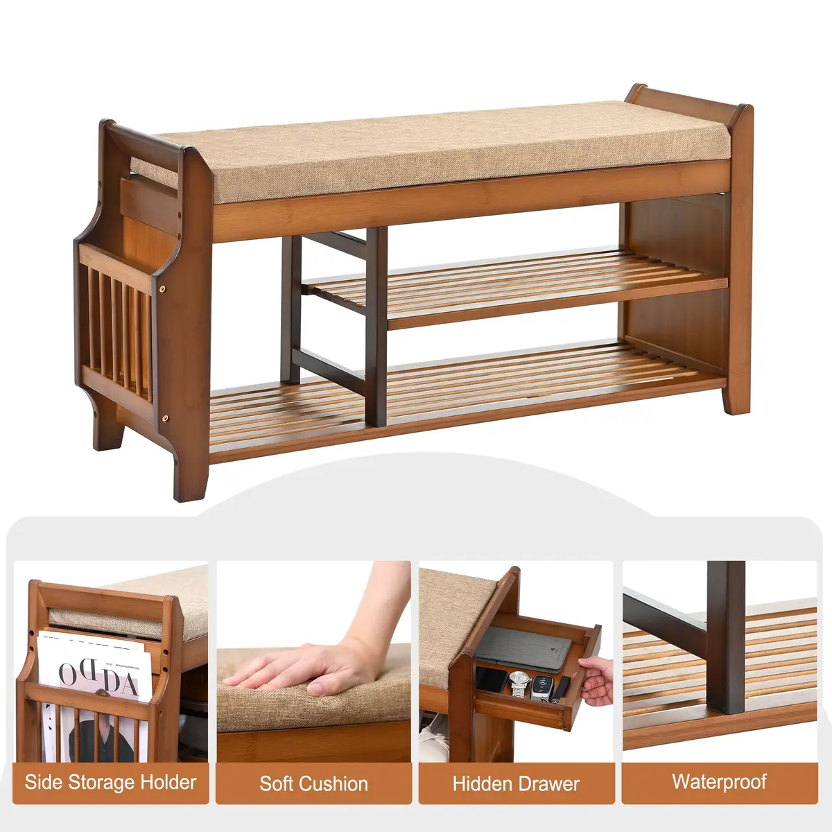 PETKABOO Shoe Bench with Hidden Drawer and Side Holder | 2 Tier Entryway Storage 39.4 in | Bamboo & Wood - view 10