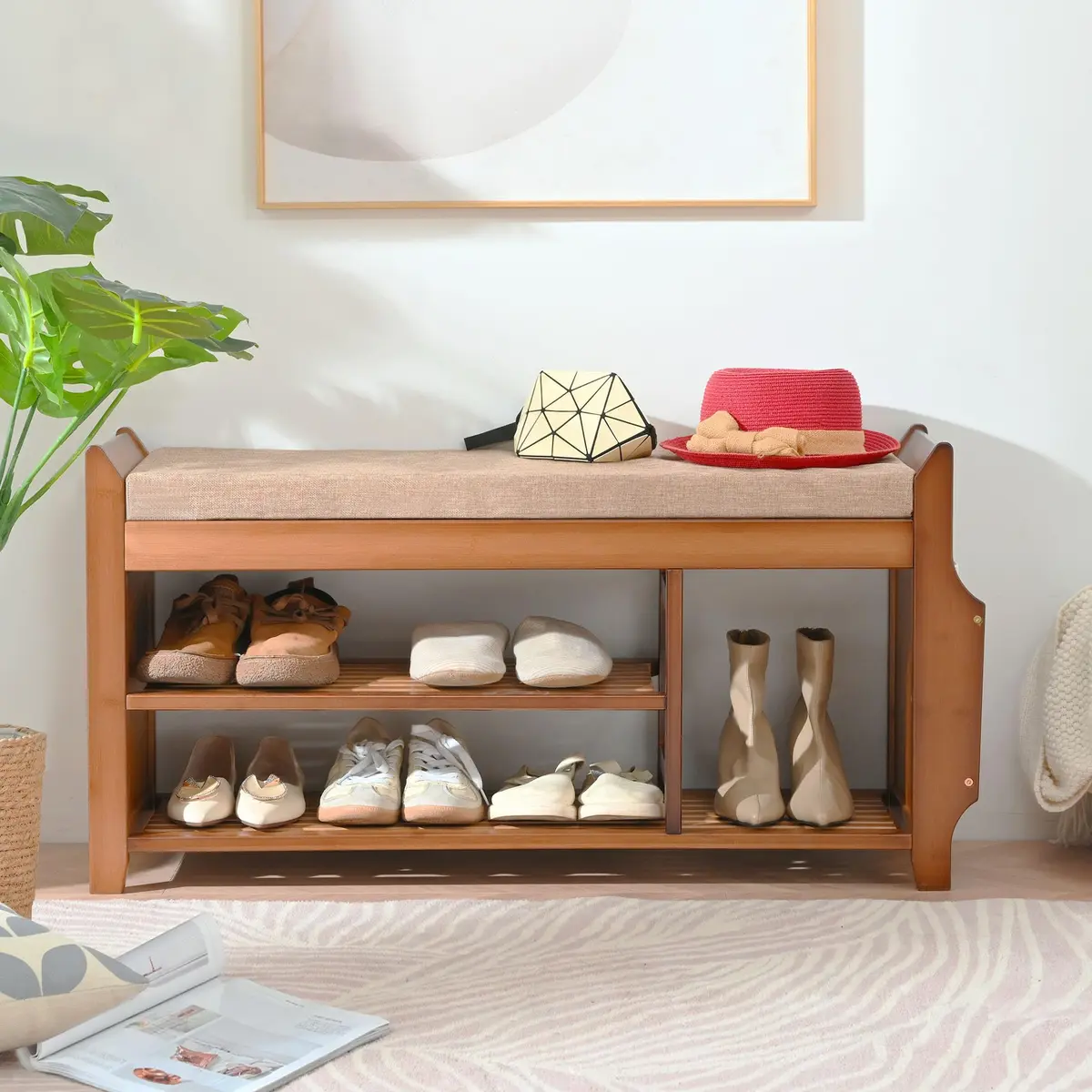 PETKABOO Shoe Bench with Hidden Drawer and Side Holder | 2 Tier Entryway Storage 39.4 in | Bamboo & Wood - view 2