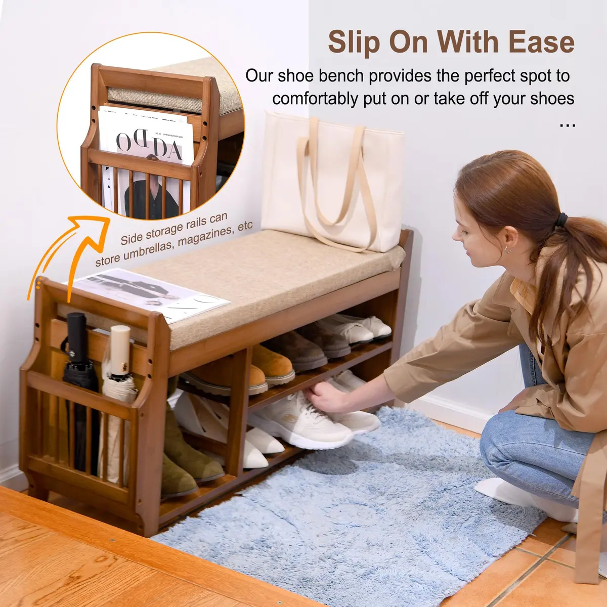 PETKABOO Shoe Bench with Hidden Drawer and Side Holder | 2 Tier Entryway Storage 39.4 in | Bamboo & Wood - view 3