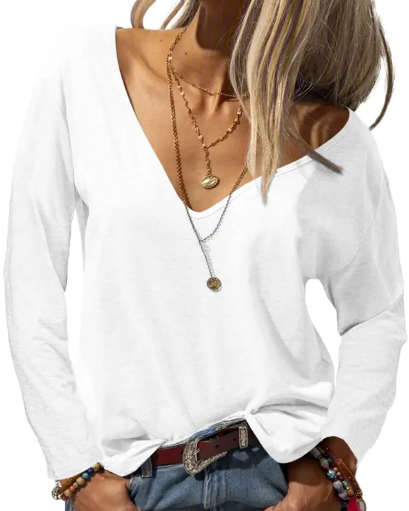Danedvi Women Deep V Neck Long Sleeve Tops Solid Casual Loose Basic T Shirt | Stylish & Comfortable - main product image