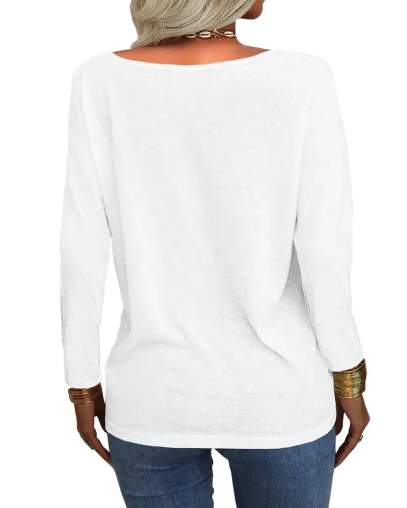 Danedvi Women Deep V Neck Long Sleeve Tops Solid Casual Loose Basic T Shirt | Stylish & Comfortable - view 2