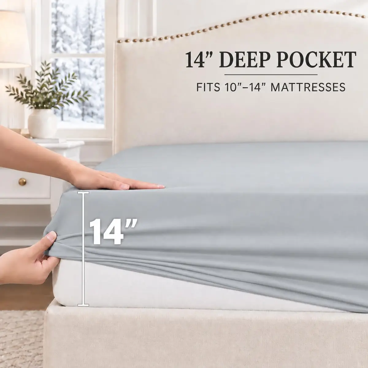 Cathay Home Queen Fitted Sheet Only, 14" Deep Pocket Ultra Soft, Light Gray | Hypoallergenic Microfiber Bedding - view 2