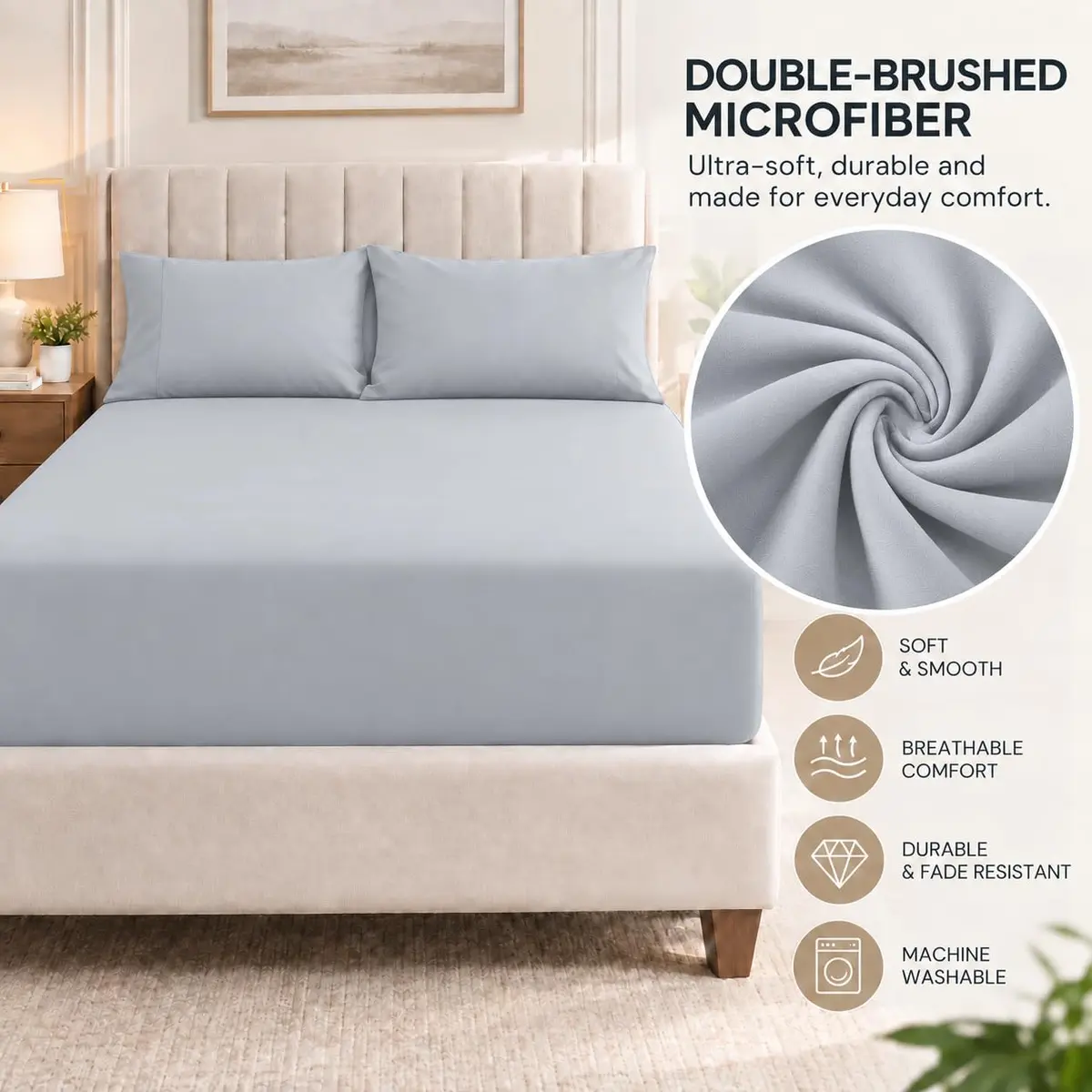 Cathay Home Queen Fitted Sheet Only, 14" Deep Pocket Ultra Soft, Light Gray | Hypoallergenic Microfiber Bedding - view 4