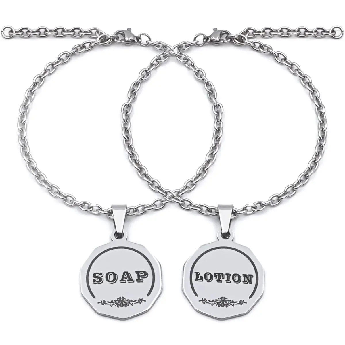 HvOvMvE Double-Sided Soap/Lotion Dispenser Labels with Chain, 2 pcs Set (Silver) | Rustic Farmhouse Mason Jar Decor - main product image