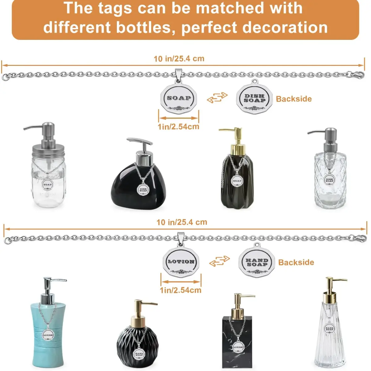 HvOvMvE Double-Sided Soap/Lotion Dispenser Labels with Chain, 2 pcs Set (Silver) | Rustic Farmhouse Mason Jar Decor - view 4