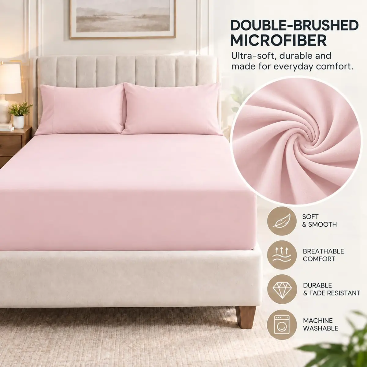Cathay Home King Fitted Sheet Only, 14" Deep Pocket, Blush | Ultra Soft Microfiber, Hypoallergenic, OEKO-TEX Certified - view 3