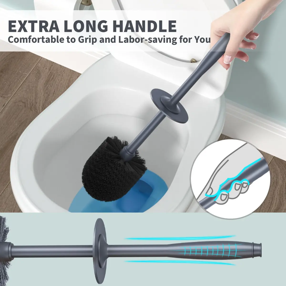 UPTRONIC Toilet Bowl Brush with Long Handle & Covered Holder | Gray, 1 Set - view 4