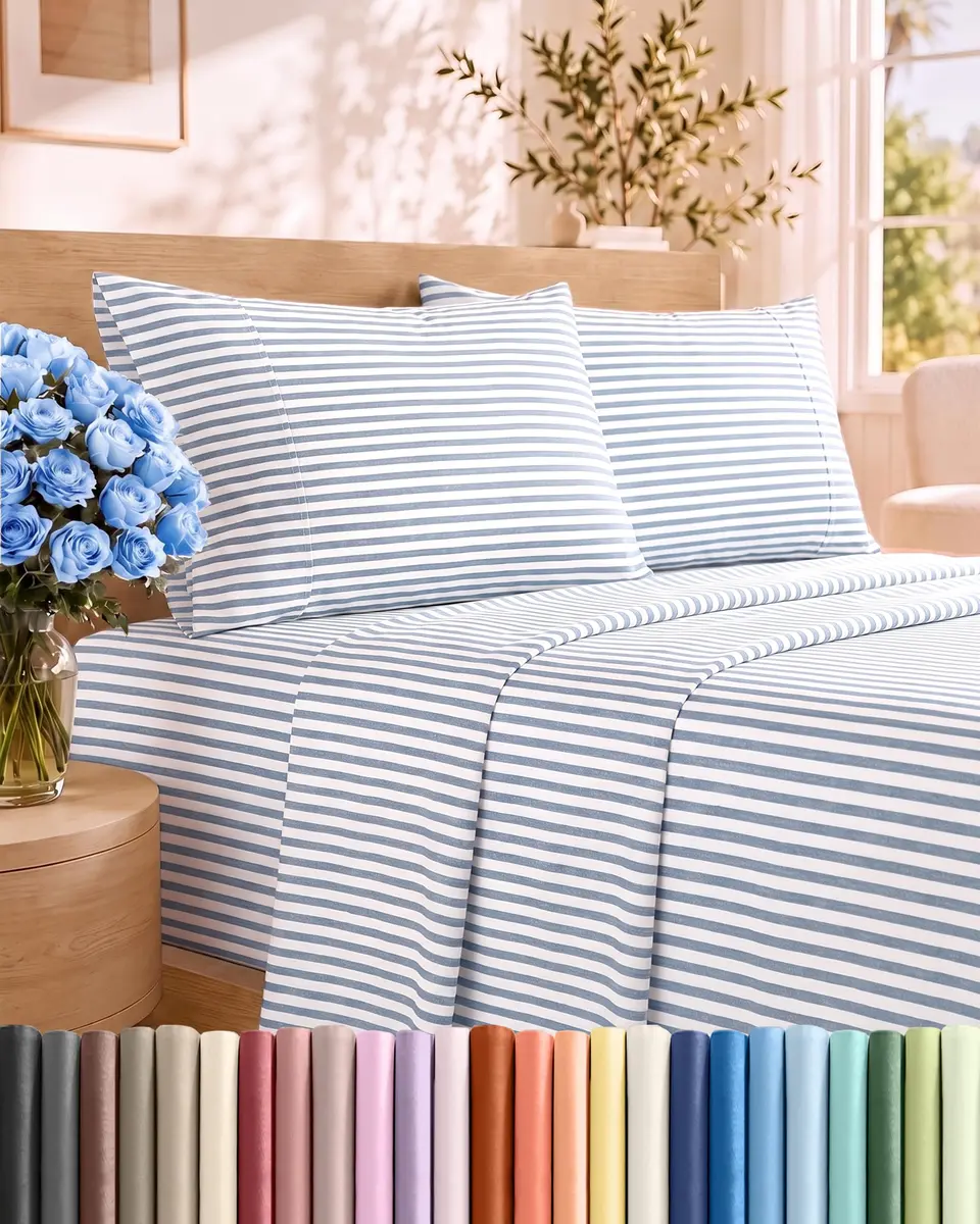 CGK Unlimited Queen Size 4 Piece Sheet Set | Breathable & Cooling Microfiber Sheets - Blue Stripes - main product image