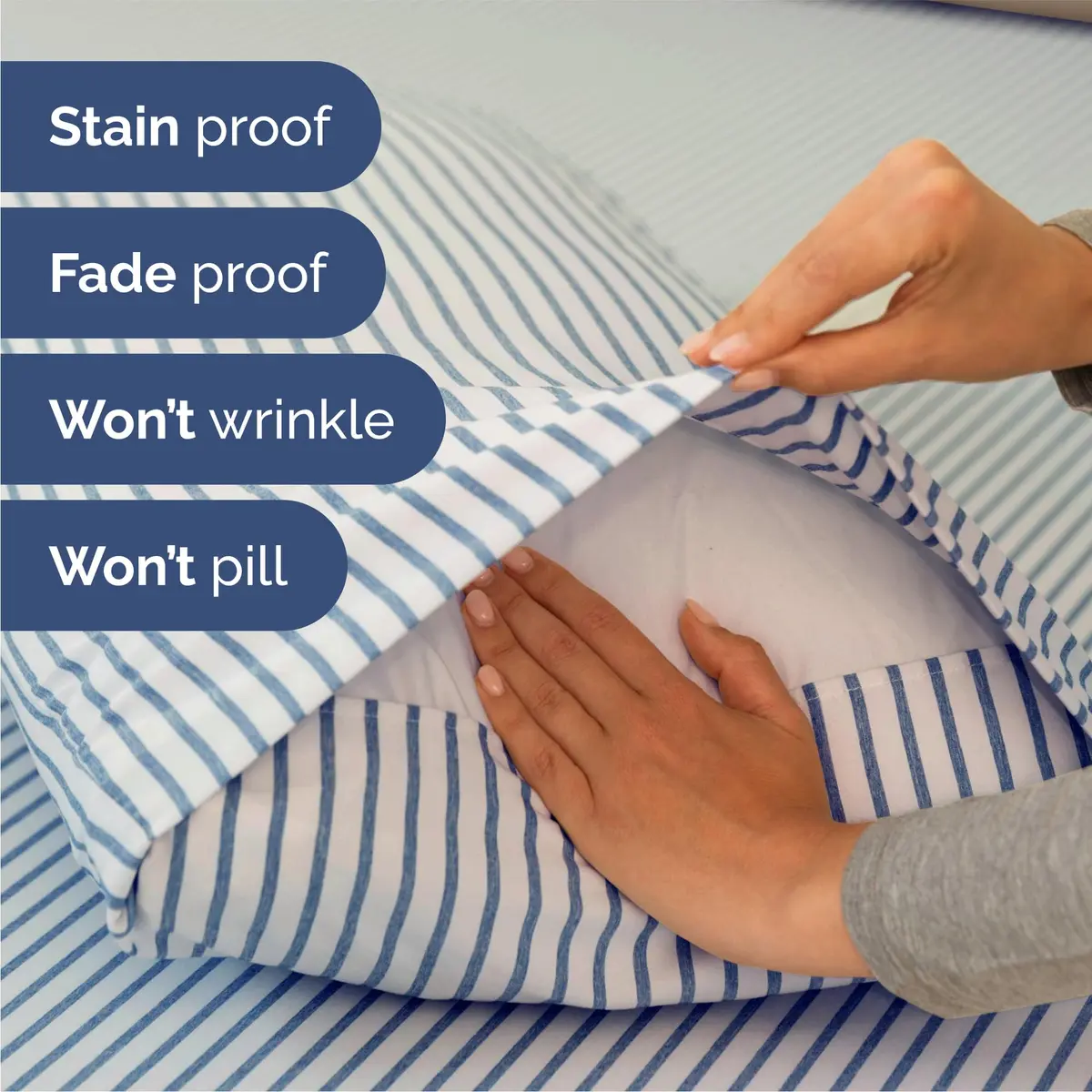 CGK Unlimited Queen Size 4 Piece Sheet Set | Breathable & Cooling Microfiber Sheets - Blue Stripes - view 5