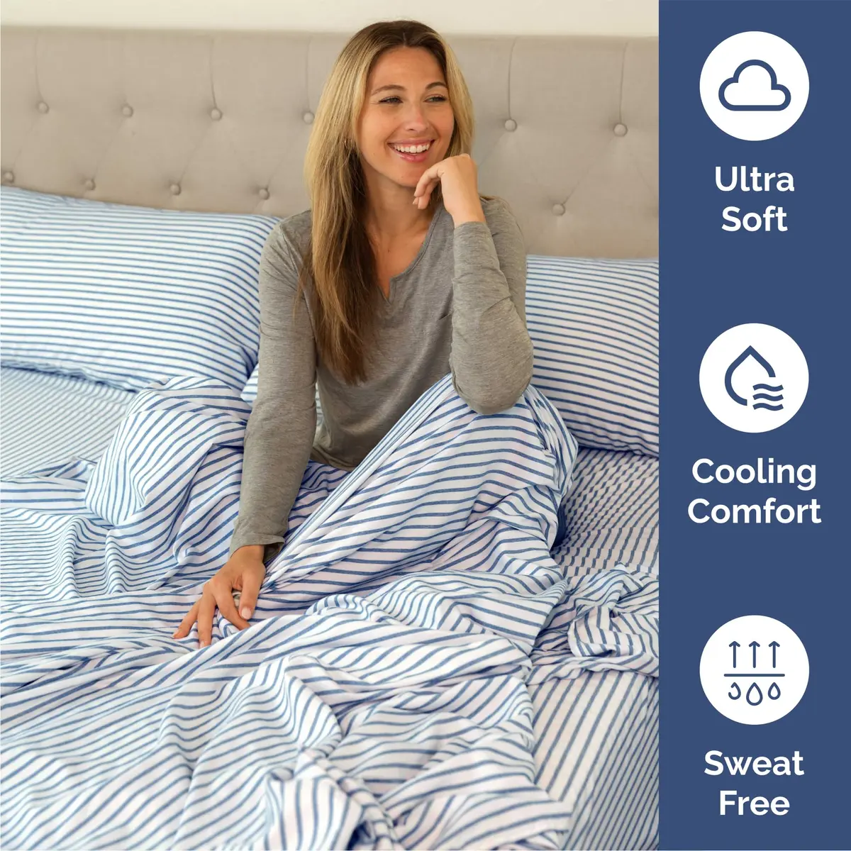 CGK Unlimited Queen Size 4 Piece Sheet Set | Breathable & Cooling Microfiber Sheets - Blue Stripes - view 4