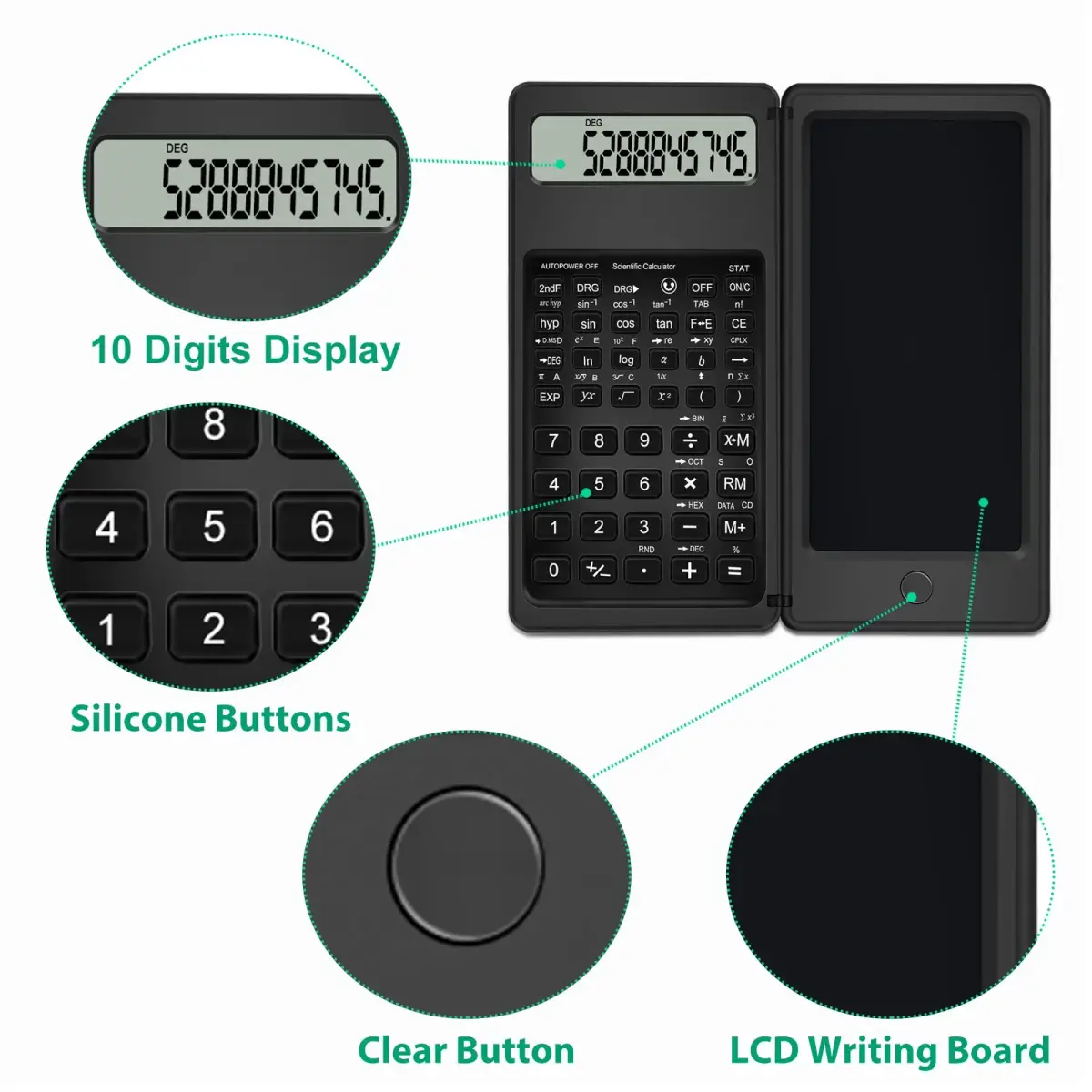 TRELC Scientific Calculator with Notepad & Stylus, 10-Digit LCD Display, Black | Portable 117g (4.05 oz) Calculator - view 3