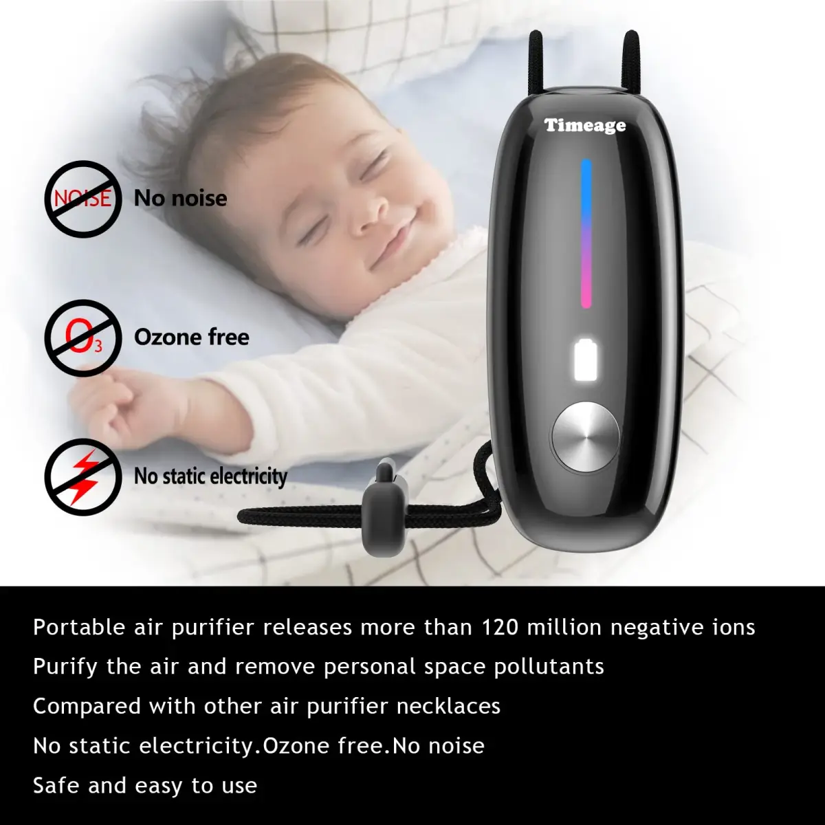 Timeage Black Wearable Personal Air Purifier Necklace | 120 Million Negative Ions - view 3