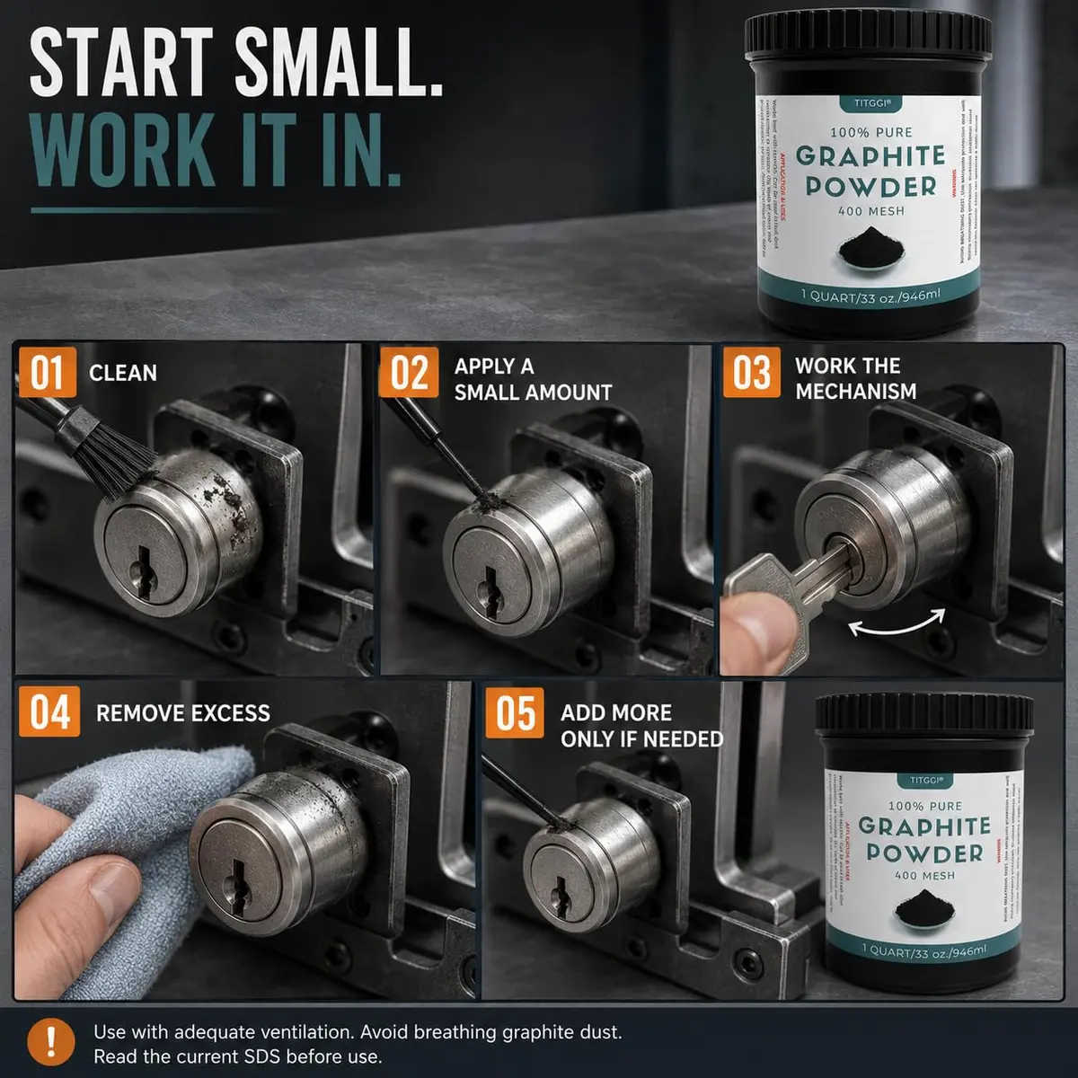 TITGGI Graphite Powder 32 oz (0.91 kg) | Dry Lubrication for Locks, Bearings, and Mechanisms - view 5