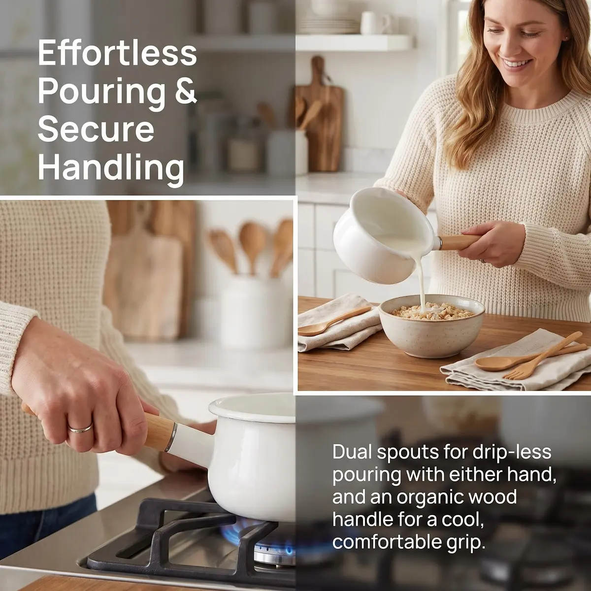 Jucoan 1 Quart Enamel Milk Pan with Dual Pour Spouts | Small Enamel on Steel Saucepan for Heating & Boiling - view 3