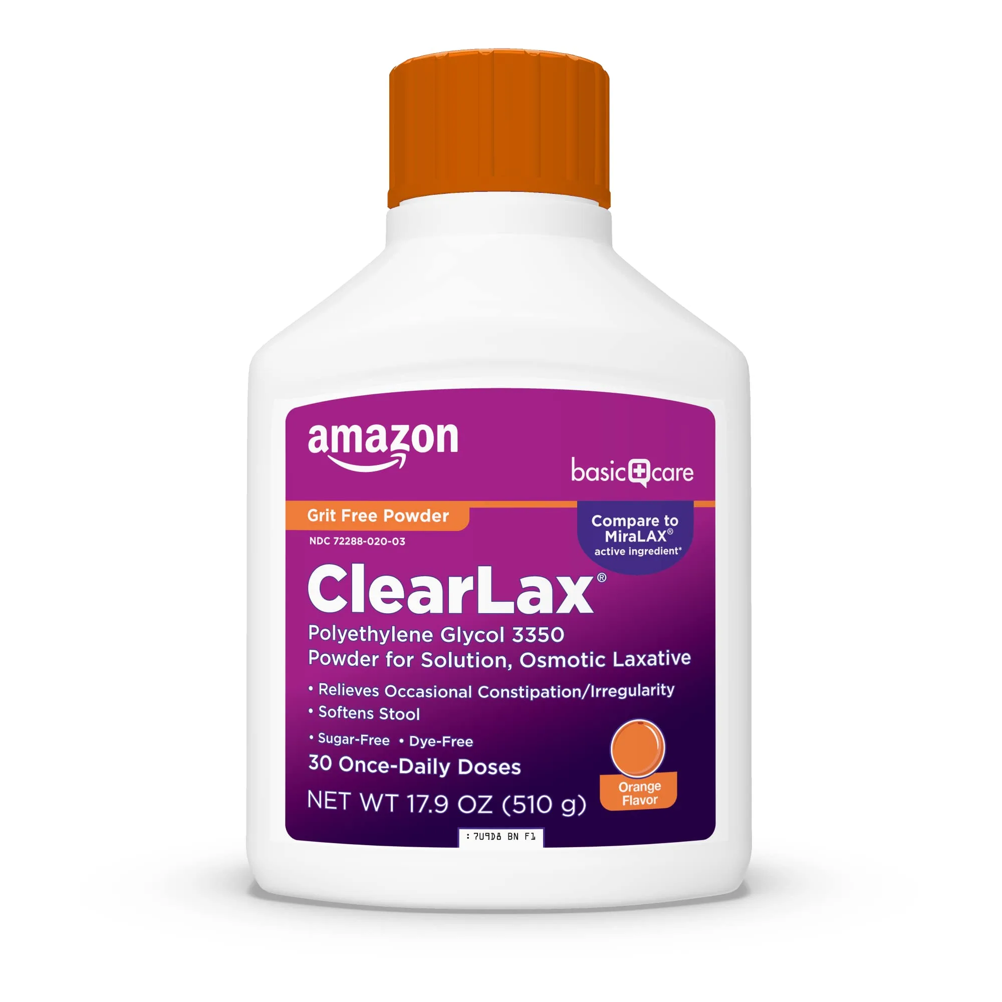 Amazon Basic Care ClearLax Polyethylene Glycol 3350 Powder for Solution, Orange Flavor, 1.11 lb (503 g) | Gentle Constipation Relief - main product image