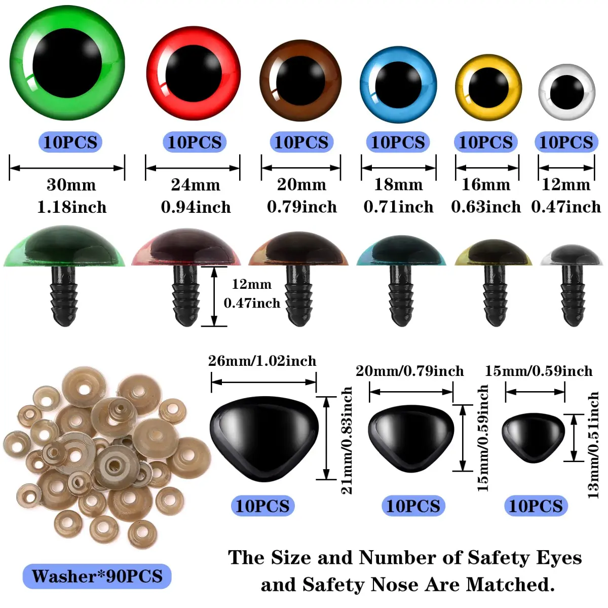UPINS Large Colored Safety Eyes and Nose with Washers for Amigurumi, 180 Pcs | Crafting Supplies for DIY Dolls - view 2