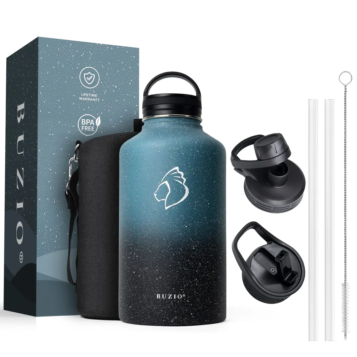 BUZIO 64 oz Insulated Stainless Steel Water Bottle with 3 Lids | Keeps Cold 48 Hrs - main product image