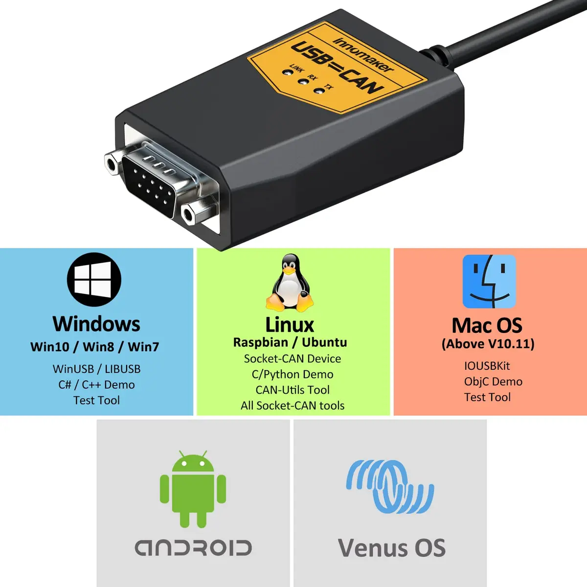 innomaker USB to CAN Converter Cable for Raspberry Pi5/4/Pi3B+/Pi3/Zero(W)/Jetson Nano/Tinker Board | Support Windows Linux Mac OS Android Venus OS - view 2