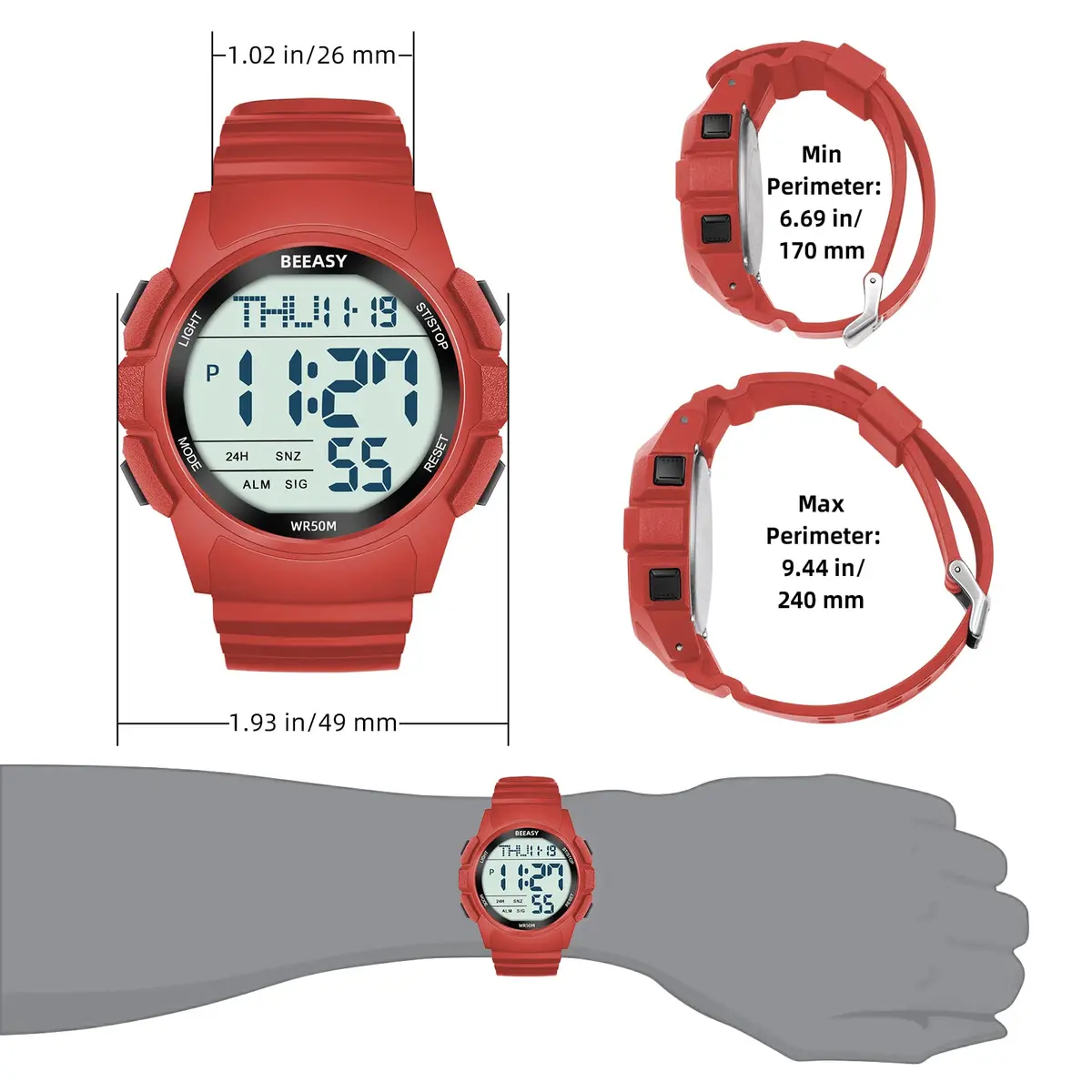Beeasy Men Digital Sports Watch Waterproof 50M | Dual Time, Stopwatch & Alarm (115 chars) - view 7