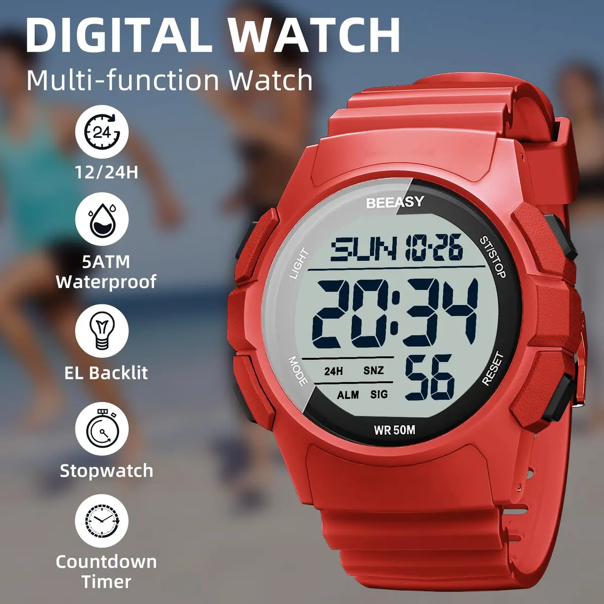 Beeasy Men Digital Sports Watch Waterproof 50M | Dual Time, Stopwatch & Alarm (115 chars) - view 3