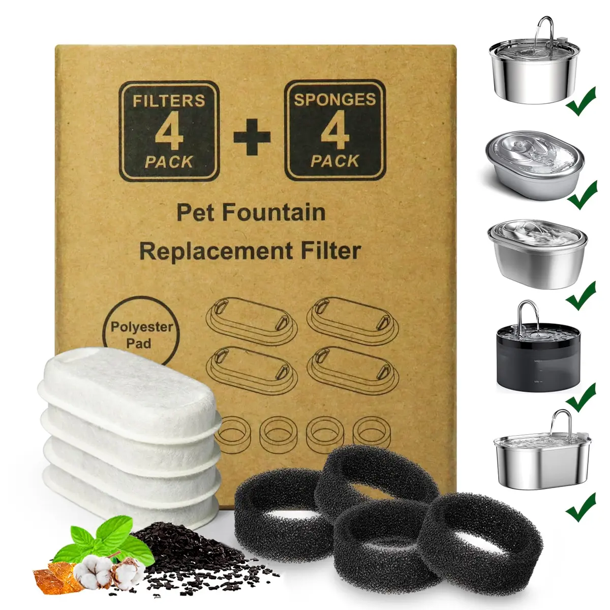 KANCHOU Cat Water Fountain Filter 8Pcs | Compatible with 101oz/3L Stainless Steel Pet Fountain - main product image