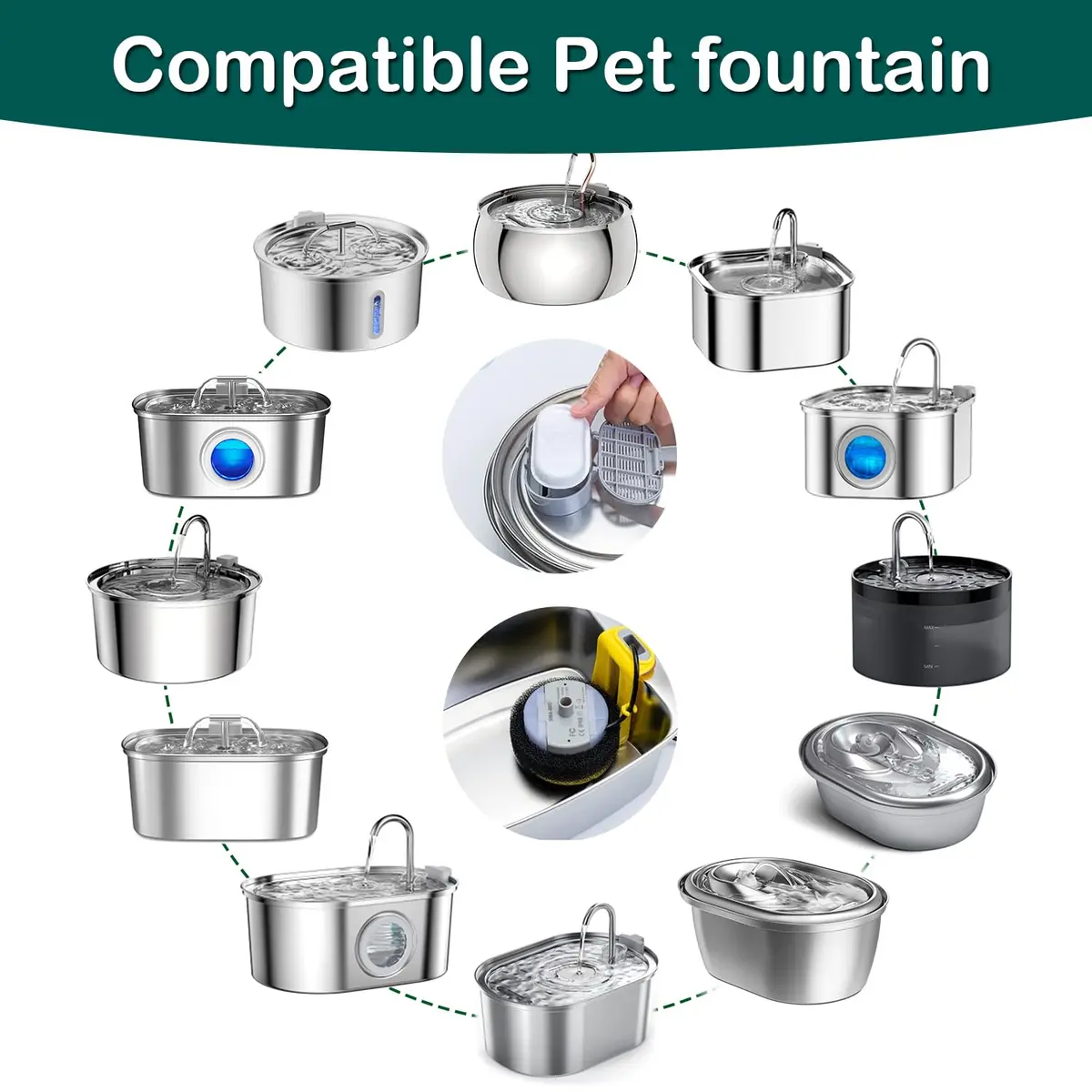 KANCHOU Cat Water Fountain Filter 8Pcs | Compatible with 101oz/3L Stainless Steel Pet Fountain - view 2