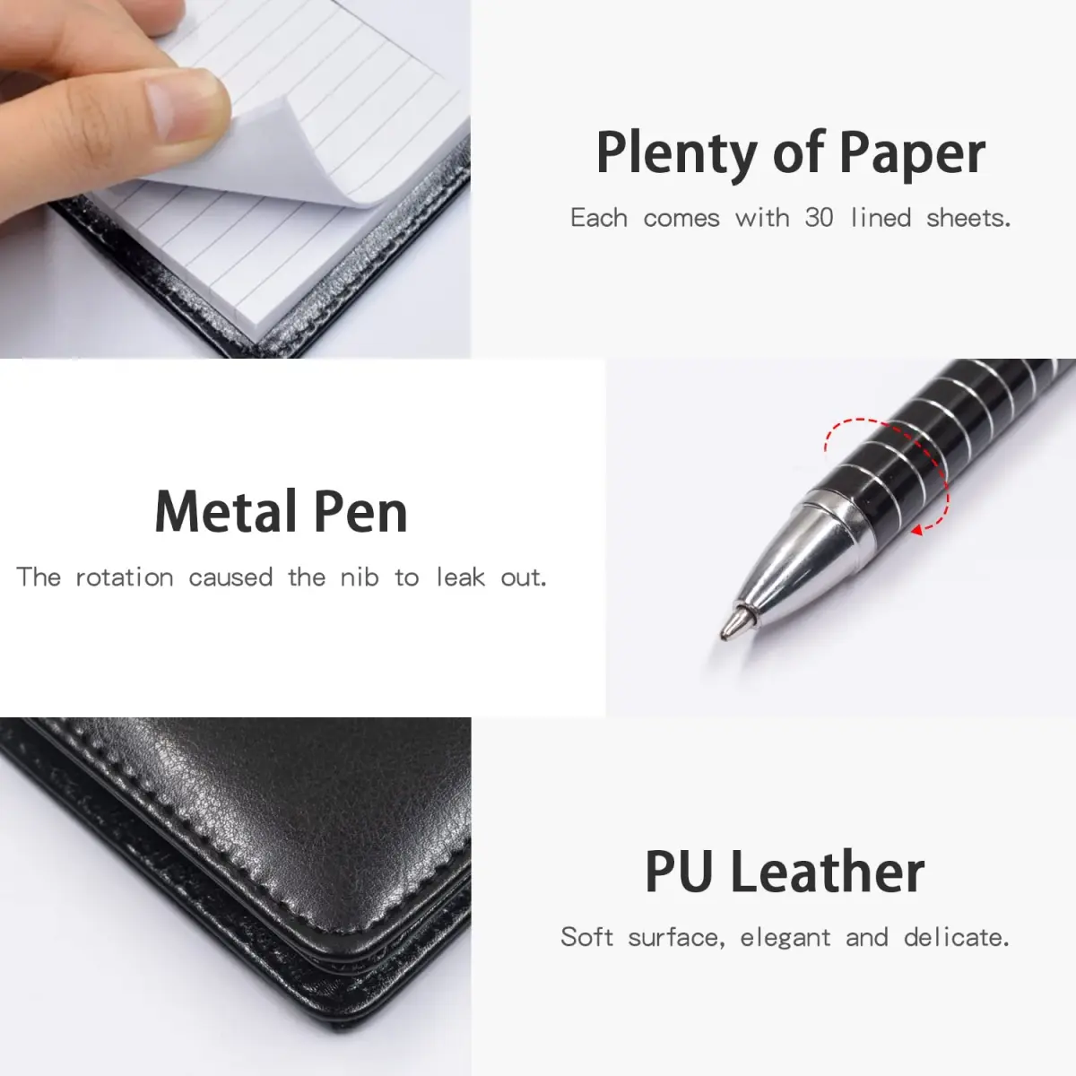 Xhwykzz Black PU Leather Pocket Notebook Holder Set with Pen & 5 Refills | 3x5 Inch, 30 Lined Pages Per Pad - view 6