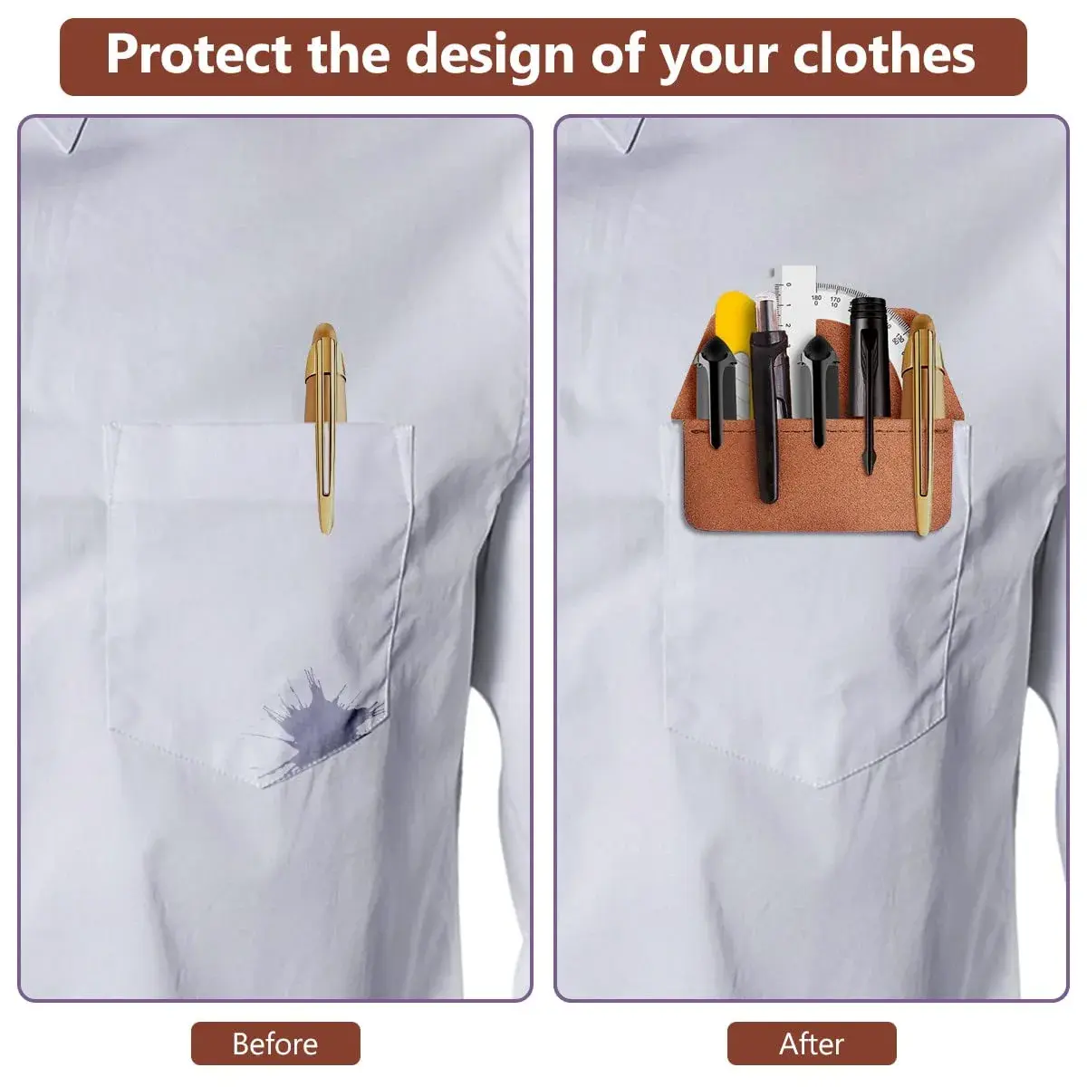 Aidunmis PU Leather Pocket Pen Holder Organizer Pouch 2 Pieces (Brown, Black) | Protects Shirts from Ink Spills - view 5
