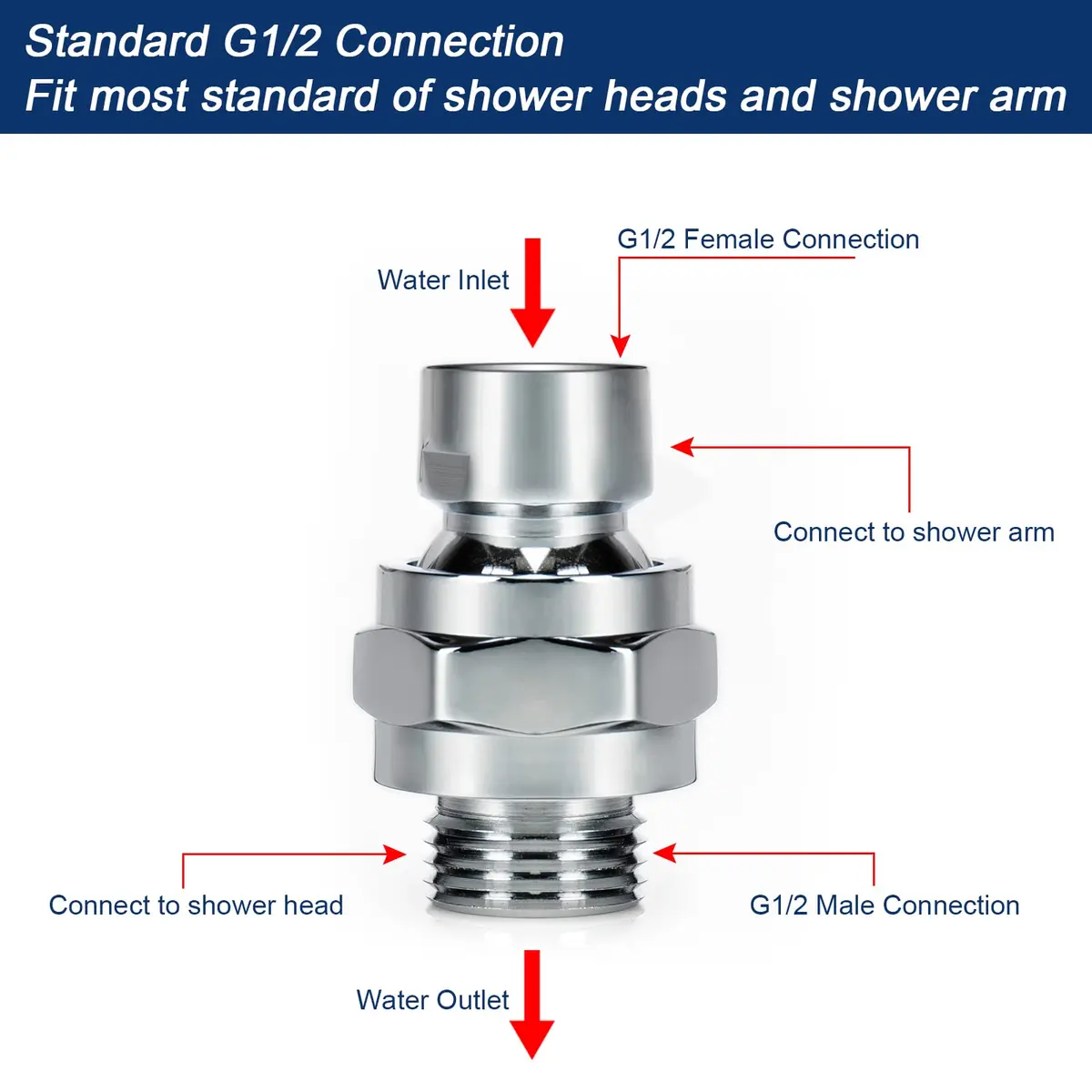 NearMoon Shower Head Swivel Ball Adapter - Solid Brass Connector with Chrome Finish | Adjustable Angle for Universal Shower Arms - view 5